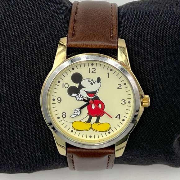 DISNEY MICKEY MOUSE Watch Brown Band with Silver Bezel and Gold Lugs - Picture 1 of 8
